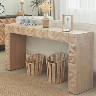 Modern Geometric Wooden Console Table – Natural Wood Finish with Handcrafted 3D Design