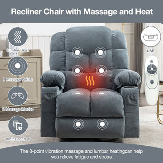 Oversized Massage Rocker Recliner Chair (Blue) | Manual Massage, Heat, USB &amp; 2 Cup Holders