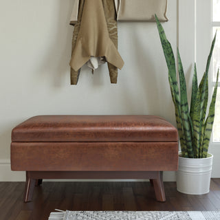 Owen 36 inch Wide Small Rectangular Storage Ottoman in Distressed Saddle Brown Vegan Leather
