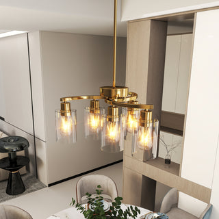 6-Light Gold Chandelier with Clear Glass Shades – Modern Pendant Lighting for Dining Room, Kitchen Island, Living Room, Entryway, Stairwell, Bedroom