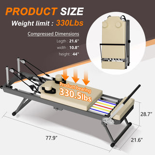 Pilates Reformer Machine for Home Gym Workout, Foldable Pilates Equipment with High Strength Alloy Springs for Beginners, Up to 330lbs,Beige