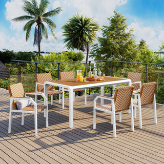 Piece Patio Dining Table Set, Outdoor Wicker Furniture Set of 6 Chairs, Two-Tone Weave Rattan, Acacia Wood Tabletop, Outdoor Dining Set for Backyard and Garden, Brown