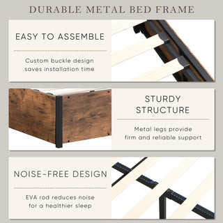 Lift-up Storage Bed Frame, Full Size Bed Frame with Bookcase Headboard & LED Lights, Wooden Platform Bed Frame with Charging Station, No Spring Box Needed, Rustic Brown
