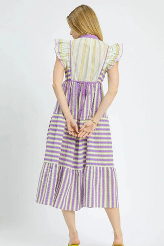 Umgee Striped Ruffle Cap Sleeve Midi Dress