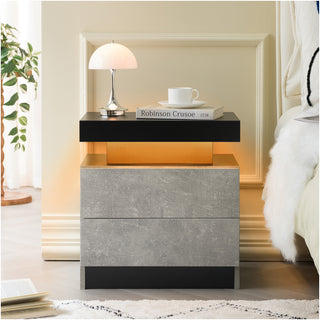 Modern LED Nightstand with 2 Drawers – Black & Gray Bedside Table with Storage, LED Light Bedside Cabinet for Bedroom, End Side Table