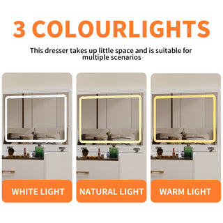 23.6'' Flip Top Makeup Vanity Desk - Lighted Mirror, Storage Stool, Power Outlet