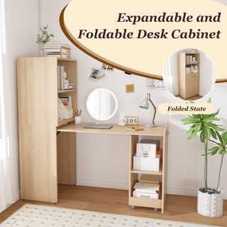 Burlywood Stretchable Office Desk with Storage Shelves and Mobile Wheels, Foldable Design for Small Apartments and Offices, MDF Material, Natural Wood Finish