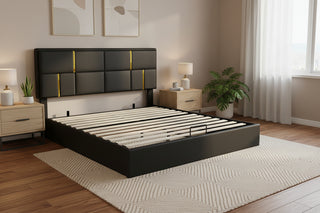 Black Queen Upholstered Platform Bed with Hydraulic Storage &amp; Matching Ottoman - 2-Piece Set