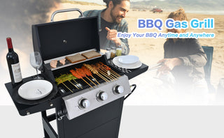 Propane Gas Grill 3 Burner Barbecue Grill, Stainless Steel 26,000 BTU Patio Garden Barbecue Grill with Two Shelves, Lid, Wheels and Bottle Opener