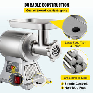Commercial Heavy-Duty Meat Grinder | 550 lbs/h 1100W Electric Meat Mincer in Stainless Steel