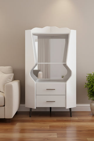White Corner Bar Cabinet with Mirrored Back, 2 Open Shelves & 2 Drawers, High Feet for Easy Cleaning, Engineered Wood Design