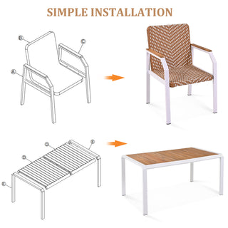 Piece Patio Dining Table Set, Outdoor Wicker Furniture Set of 6 Chairs, Two-Tone Weave Rattan, Acacia Wood Tabletop, Outdoor Dining Set for Backyard and Garden, Brown