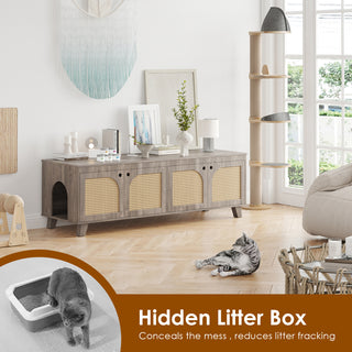 Double Hidden Cat Litter Box Enclosure Furniture Cabinet with Rattan Decorated Doors for Two Cats, Two Entrances