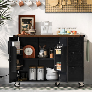 K&K 54.5" Farmhouse Kitchen Island with Power Outlet, Internal Storage Rack, Drop Leaf, Spice Rack, Rolling Cart on Wheels, for Kitchen, Dining Room, Black