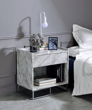 Azrael Accent Side Table | White PRINTED Faux Marble Top & Chrome Finish Base | Modern Round Living Room, Bedroom & Office Accent Furniture | Contemporary Metal & Marble Look