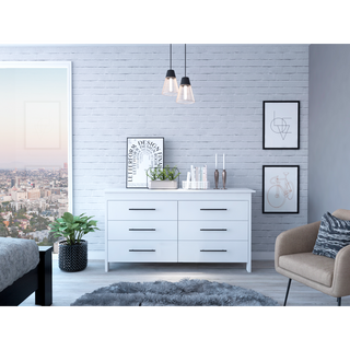TUHOME HMS 6-Drawer Double Dresser in White - Modern Bedroom Storage with Superior Top