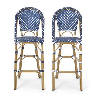 Outdoor PE Rattan French Barstool Set, Dark Teal and White, Aluminum Frame, Bamboo Finish, 29.5' Seat Height