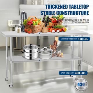 30x60 Inch Stainless Steel Table with Wheels | Commercial Metal Prep Table with Adjustable Undershelf