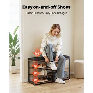 Coat Rack with Shoe Bench, 3-in-1 Shoe Coat Rack Combo Set with Hooks and Bookshelf, Steel Frame Hall Tree Entrance Storage Organizer Holder for Entry, Bedroom, Closet, Office, Rustic Brown