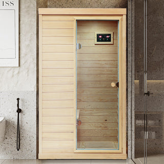 Hemlock Mini one person far infrared door on the Right of the indoor sauna room