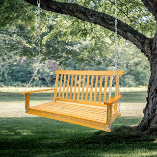 Front Porch Swing with Armrests, Wood Bench Swing with Hanging Chains for Outdoor Patio, Garden, Yard, Porch, Backyard, or Sunroom, Easy to Assemble, Teak