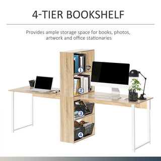HOMCOM 88" Extra Long 2-Person Computer Desk with Storage Shelves Combo – Double Workstation Writing Table for Home Office, Study, and Bookshelf, Natural Wood Color