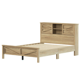 Natural Wood Queen Farmhouse Bedroom Set - 3-Piece Storage Bed with Charging Station