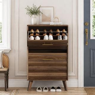Walnut Wood Flip-Top Shoe Cabinet, Narrow Entryway
