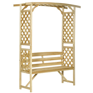 Outsunny Patio Garden Bench Arbor Arch with Pergola and 2 Trellises – 3-Seat Natural Wooden Outdoor Bench for Climbing Plants and Backyard Décor
