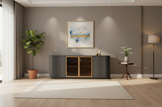 Modern 64-Inch Black Wavy TV Cabinet with LED Lights - Particleboard and MDF Sideboard