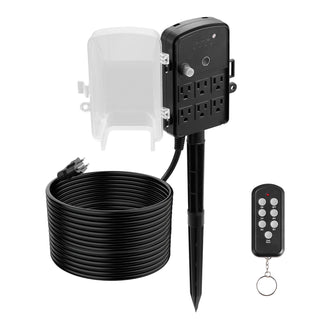 Outdoor Power Stake, 50FT Extension Cord, Outdoor Power Strip Weatherproof with Cover, Remote Control Dusk to Dawn Light Timer Waterproof, 6 Outlets, 1875W/15A, for Christmas Lights, Garden