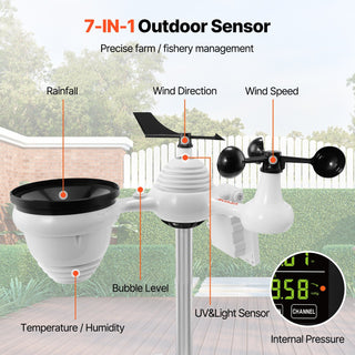 7-in-1 Wi-Fi Weather Station with 7.5" Color Display – Solar Wireless Outdoor Sensor, Indoor/Outdoor Temperature, Humidity, Wind Speed/Direction, Rain, Alerts