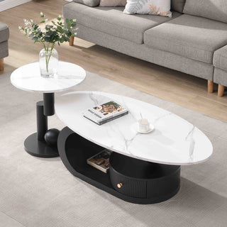 Modern 2-Piece Nesting Coffee Table Set - Oval and Round Tables with Storage Drawers