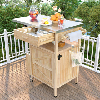 K&K 40.5" Outdoor Grill Cart – Solid Wood Rolling Kitchen Cart with Stainless Steel Top, Drop Leaf, Drawer, Towel Rack & Lockable Wheels for Patio, Lawn & Garden