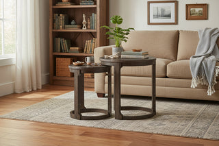 2-Piece Curved Round Wooden Coffee Table Set - 24" Mid-Century Dark Brown Nesting Tables