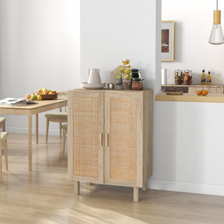 HOMCOM Sideboard Buffet Cabinet, Kitchen Cabinet, Coffee Bar Cabinet with 2 Rattan Doors and Adjustable Shelves, Natural