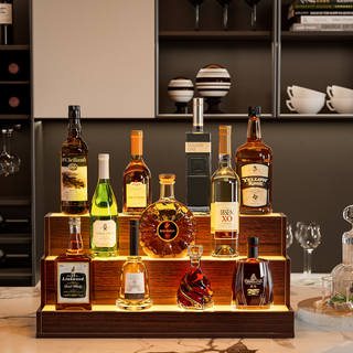 24 inch LED lighted liquor bottle display shelf in walnut