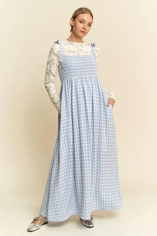 Davi & Dani Plaid Smocking Sleeveless Maxi Dress