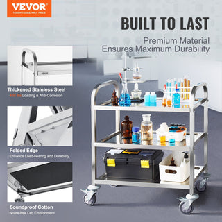 VEVOR 3-Tier Stainless Steel Utility Cart | 400 lbs Capacity Medical, Lab & Kitchen Cart