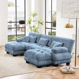 Luxury Oversized Blue Chenille Modular U-Shaped Cloud Couch with 2 Ottomans