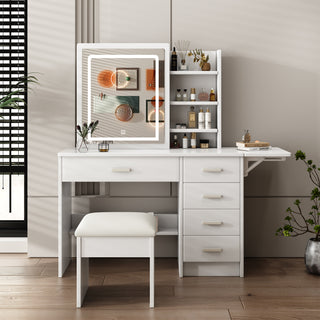 Fashion White MDF Makeup Vanity Desk with Mirror and Lights - 5-Drawer Dressing Table with Adjustable LED Lighting