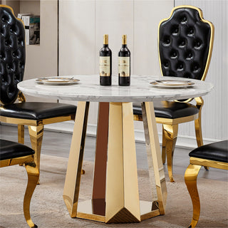 47' Round Marble Dining Table, Modern Kitchen Table with High Gloss Faux Marble Tabletop and Stainless Steel Base for Dining Room, Kitchen (Gold,White)(only table)