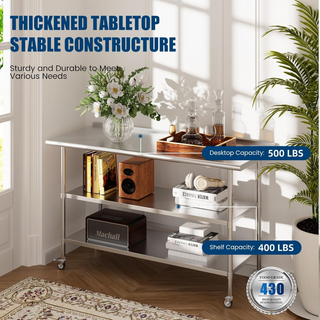 60x24 Inch Stainless Steel Table with Wheels | Commercial Prep & Work Table with 2 Adjustable Shelves