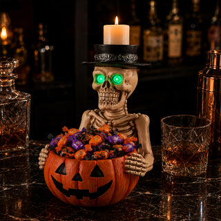 Halloween Skeleton Figurine with Pumpkin Candy Bowl & Candle Holder, Spooky Table Decor for Halloween