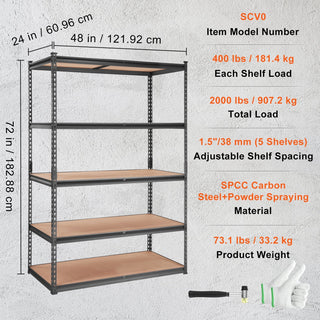 Heavy-Duty 5-Tier Storage Shelving Unit | 48" L x 24" W x 72" H, 2000 lbs Capacity Metal Utility Rack, Black