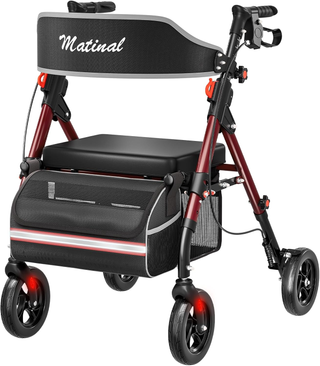 Matinal Rollator Walker with Seat | Premium Hybrid, Foldable, 8" Wheels, 350 lb Capacity (Burgundy)