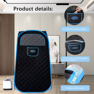 Portable Folding Full size Steam Sauna with 1000W&2.2L steam Generator. Personal Sauna Tent for Relaxation & Spa at home. Fast heating. Folding Steel Rim, it's easy to install, with FCC certification.