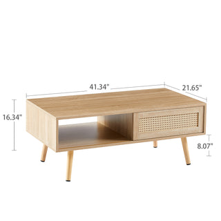 41.34" Rattan Coffee Table with Sliding Door Storage, Solid Wood Legs – Modern Living Room Table in Natural Finish
