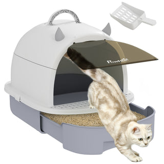 PawHut Cat Litter Box, Covered Kitty Litter Box with Lid, Scoop, Deodorizing Bags for Odor Control, Privacy, Portable, Easy to Clean, Gray