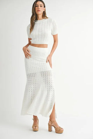 MABLE Pointelle Short Sleeve Crop Top and Slit Skirt Sweater Set
